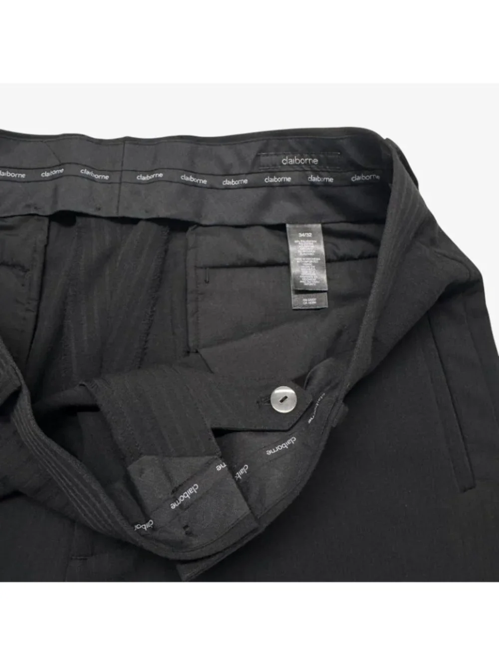 Claiborne Mens Modern Fit Suit 42L W34 L32 Black Pinstripe 2-Piece Set Polyester